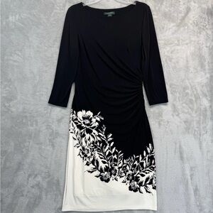 Lauren Ralph Lauren Dress 12 Black and Ivory Ruched Classic Flattering